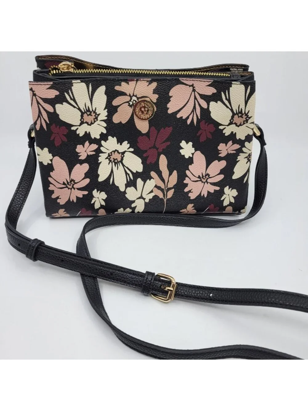 Anne Klein Black Floral Crossbody Bag Adjustable Strap Gold Hardware